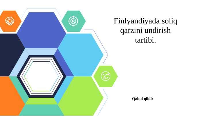 PPTX Finlyandiyada soliq qarzini undirish tartibi. Finlyandiyada soliq qarzini undirish choralari va soliq qarzini undirish tartibi. Finlyandiyada soliq qarzini undirishga asos bo’lgan huquqiy hujjatlar. Finlyandiyada soliqlarni o’z vaqtida to’lamaslik uchun javobgarlik choralari. Finlyandiyada bankirotlik va uni hisobdan chiqarish tartibi.