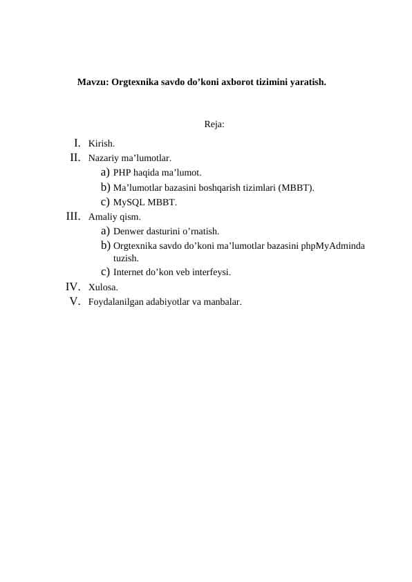 KURS ISHI Ma’lumotlar bazasini boshqarish tizimlari. PHP, MySQL, Onlayn do'kon veb interfeysi