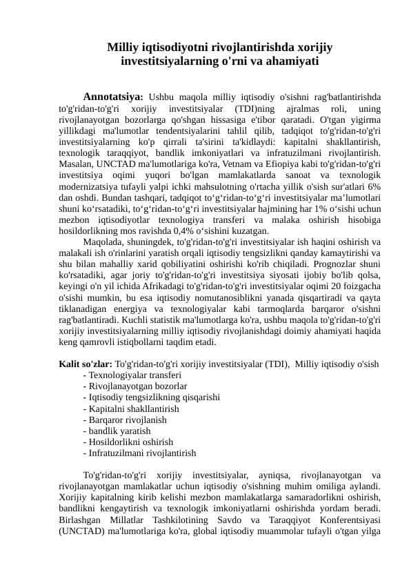 Milliy iqtisodiyotni rivojlantirishda xorijiy investitsiyalarning o'rni va ahamiyati