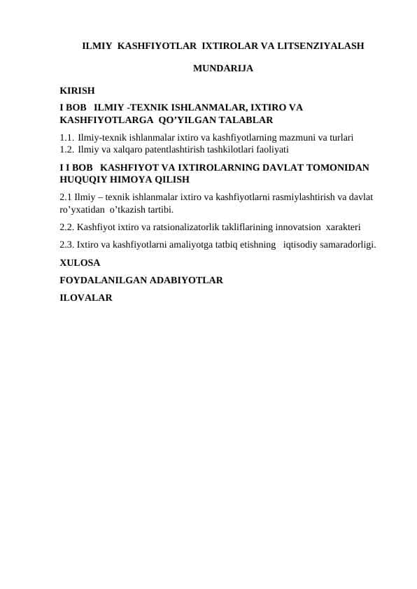 ILMIY KASHFIYOTLAR IXTIROLAR VA LITSENZIYALASH