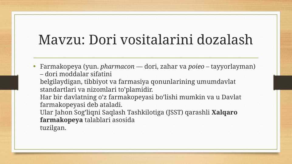 DORI VOSITALARINI DOZALASH