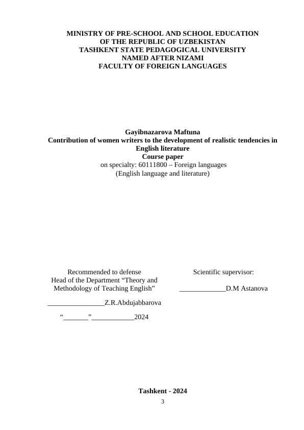 Contribution of women writers to the development of realistic tendencies in English literature