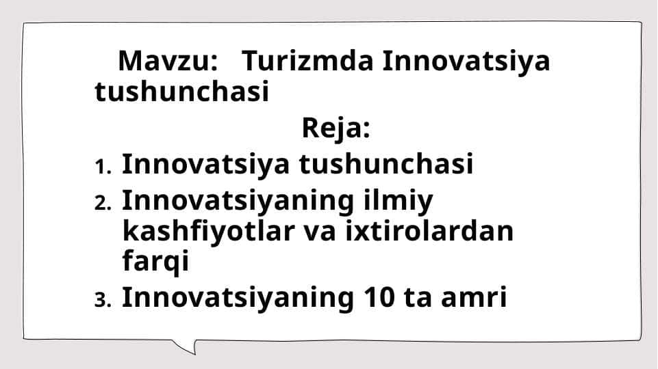 Mavzu: Turizmda Innovatsiya tushunchasi