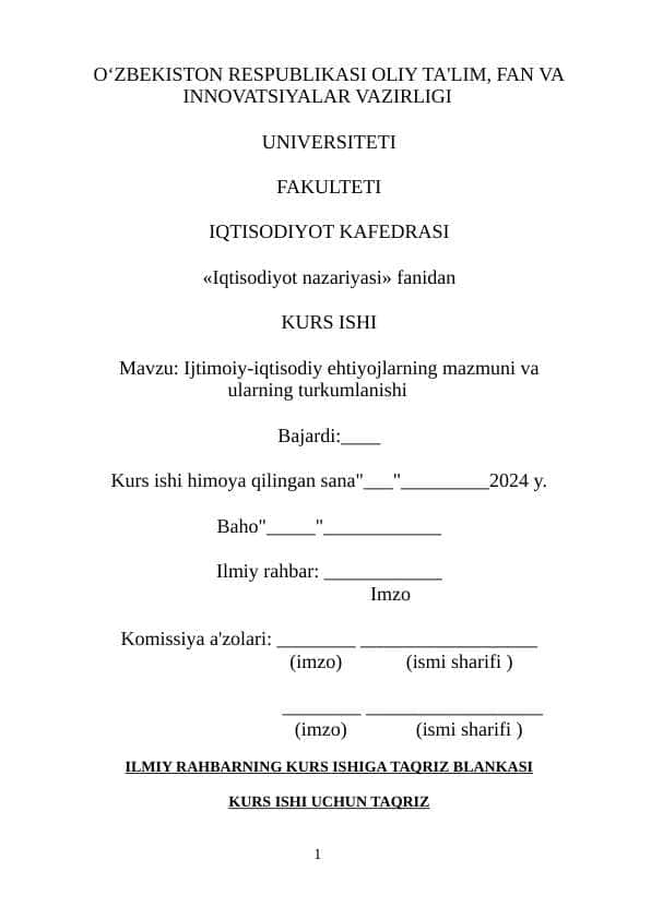 Ijtimoiy -iqtisodiy ehtiyojlarning mazmuni va ularning turkumlanishi kurs ishi docx