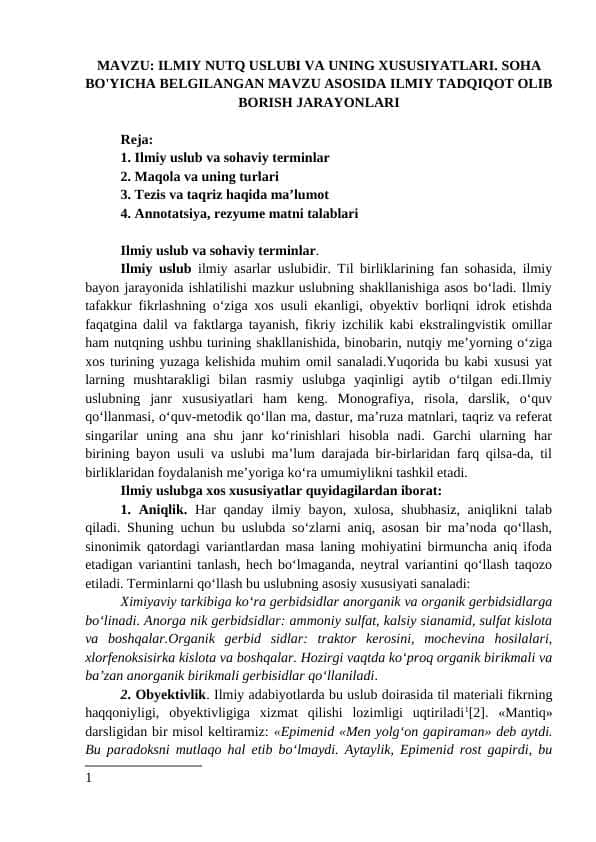 ILMIY NUTQ USLUBI VA UNING XUSUSIYATLARI. SOHA BO'YICHA BELGILANGAN MAVZU ASOSIDA ILMIY TADQIQOT OLIB BORISH JARAYONLARI