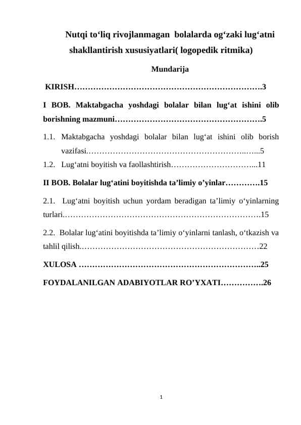 Nutqi toʻliq rivojlanmagan bolalarda ogʻzaki lugʻatni shakllantirish xususiyatlari( logopedik ritmika)