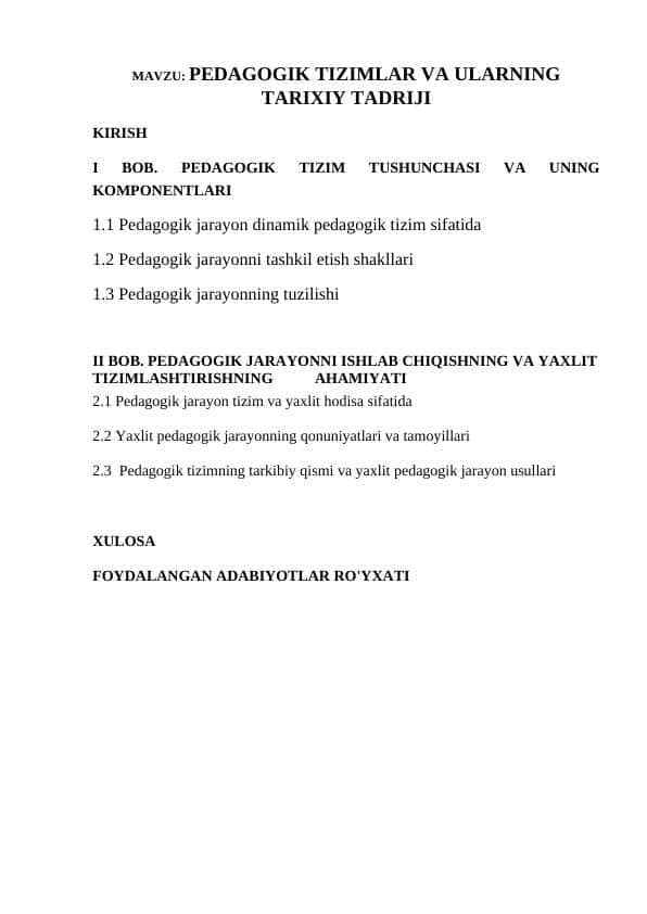 PEDAGOGIK TIZIMLAR VA ULARNING TARIXIY TADRIJI