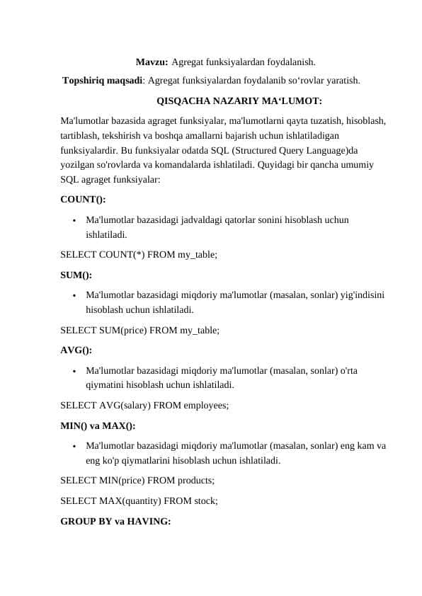 Agregat funksiyalardan foydalanish.
