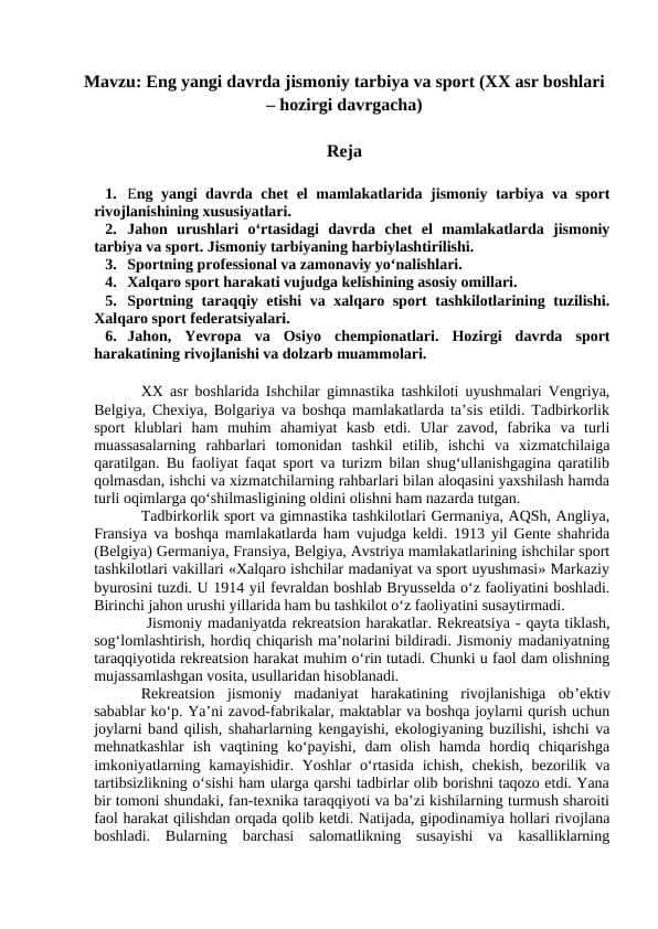 Eng yangi davrda jismoniy tarbiya va sport (XX asr boshlari – hozirgi davrgacha)
