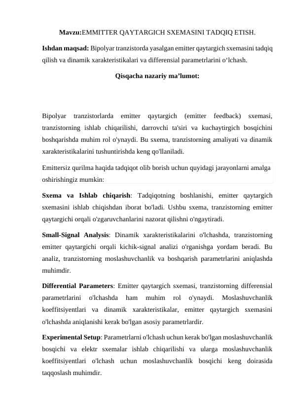 EMMITTER QAYTARGICH SXEMASINI TADQIQ ETISH.