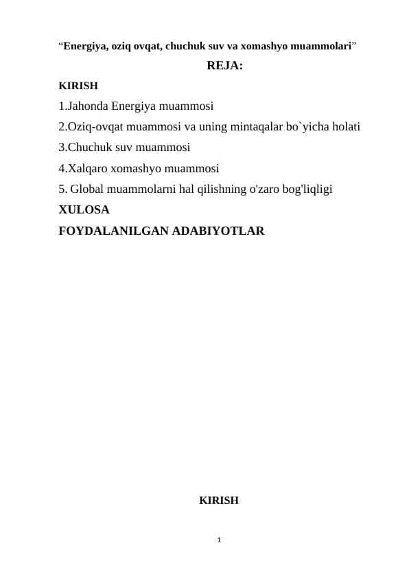 “Energiya, oziq ovqat, chuchuk suv va xomashyo muammolari”