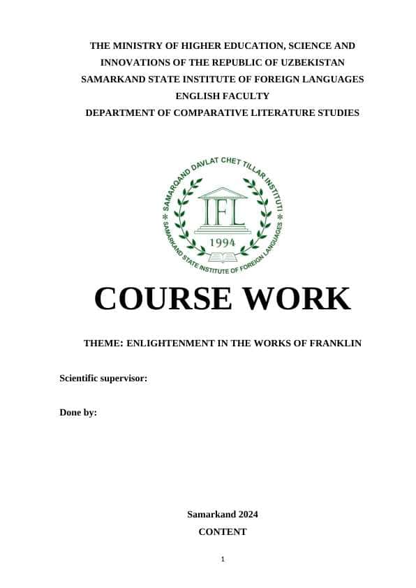 ENLIGHTENMENT IN THE WORKS OF FRANKLIN