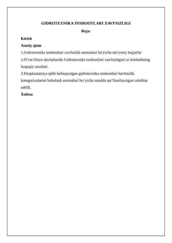 GIDROTEXNIKA INSHOOTLARI XAVFSIZLIGI