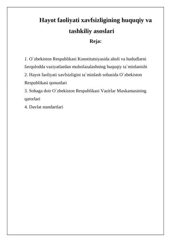 Hayot faoliyati xavfsizligining huquqiy asoslari