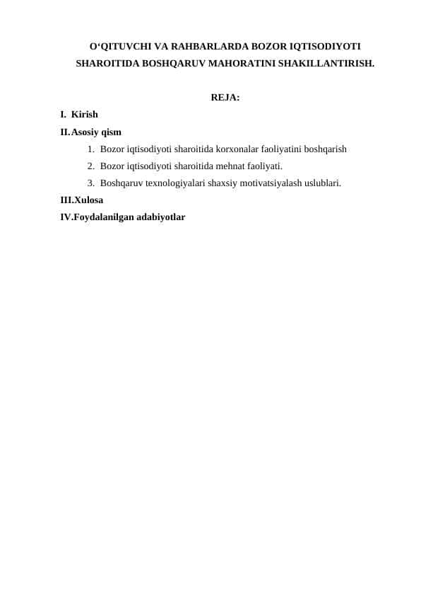 Oʻqituvchi va rahbarlarda bozor iqtisodiyoti sharoitida boshqaruv mahoratini shakllantirish