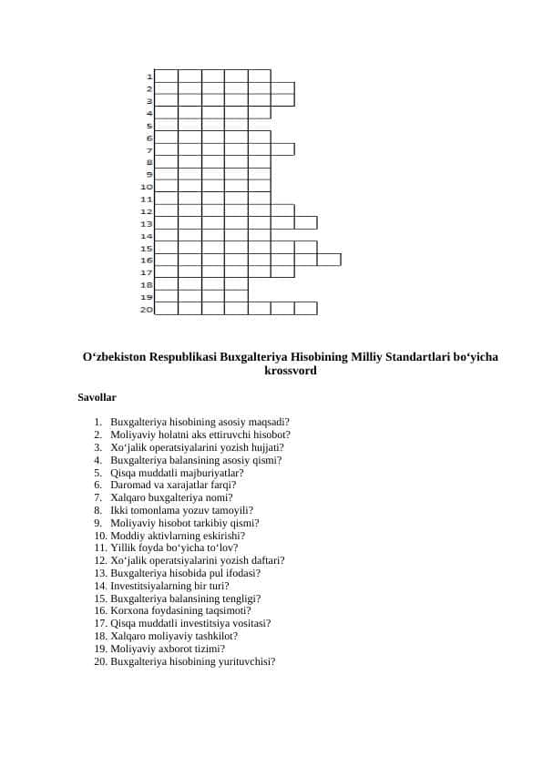 O‘zbekiston Respublikasi Buxgalteriya Hisobining Milliy Standartlari bo‘yicha krossvord