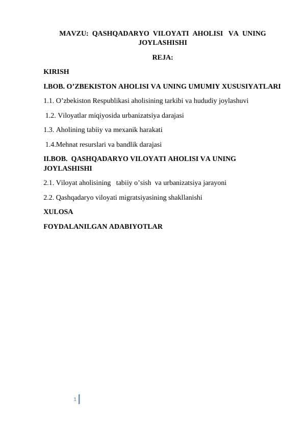 Qashqadaryo viloyati aholisi va uning joylashishi