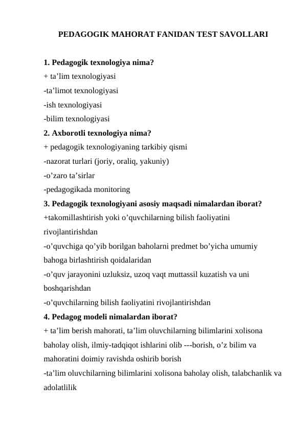 PEDAGOGIK MAHORAT FANIDAN TEST SAVOLLARI