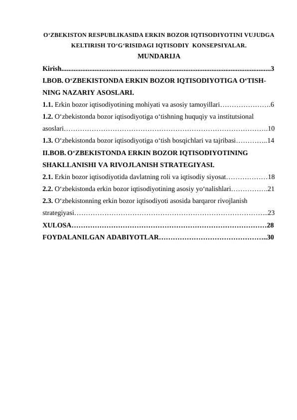 O‘ZBEKISTON RESPUBLIKASIDA ERKIN BOZOR IQTISODIYOTINI VUJUDGA KELTIRISH TO‘G‘RISIDAGI IQTISODIY KONSEPSIYALAR.