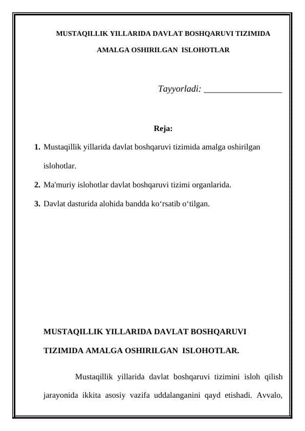MUSTAQILLIK YILLARIDA DAVLAT BOSHQARUVI TIZIMIDA AMALGA OSHIRILGAN ISLOHOTLAR