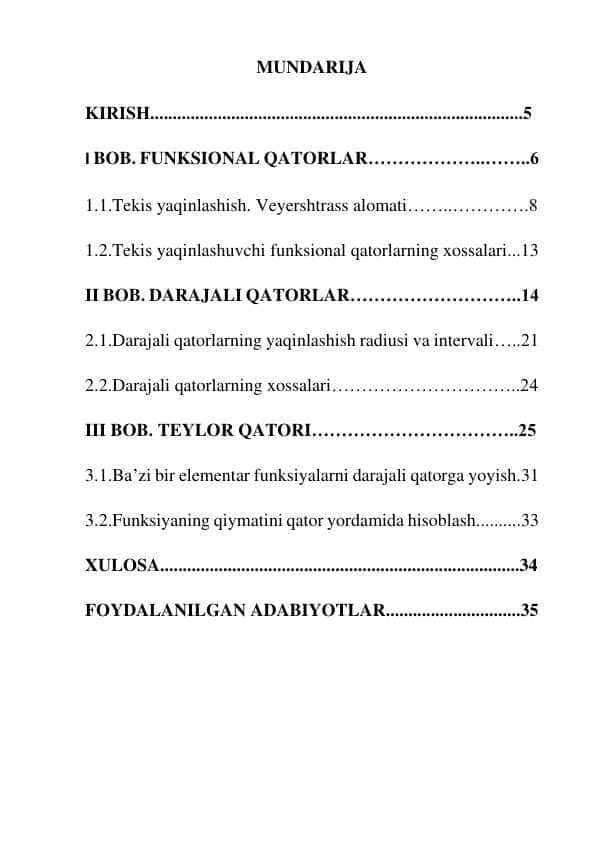 FUNKSIONAL QATOR. DARAJALI QATORLAR VA TEYLOR QATORI