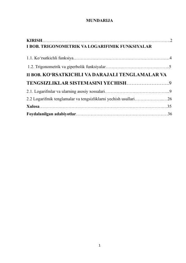 TRANSSENDET FUNKSIYALAR. TRIGONOMETRIK, LOGARIFMIK KO‘RSATKICHLI FUNKSIYALARNING TRANSSENDENTLIGI