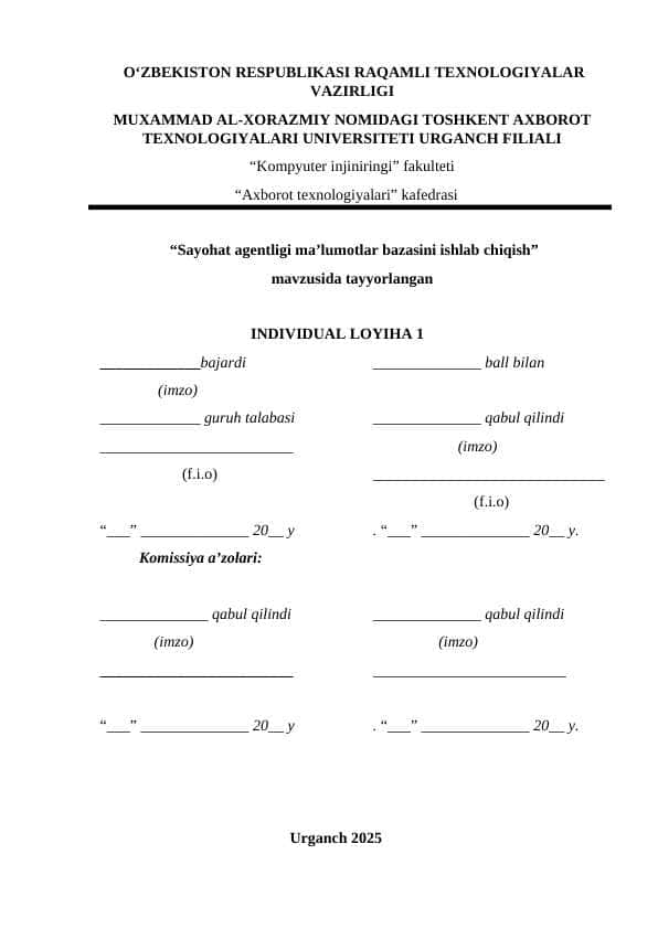 Sayohat agentligi ma’lumotlar bazasini ishlab chiqish kurs ishi