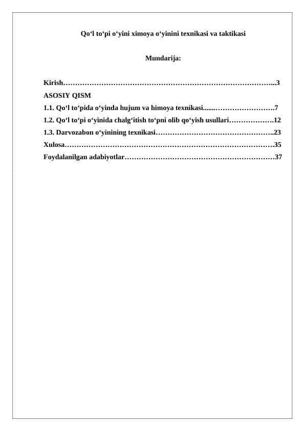 Qo‘l to‘pi o‘yini ximoya o‘yinini texnikasi va taktikasi