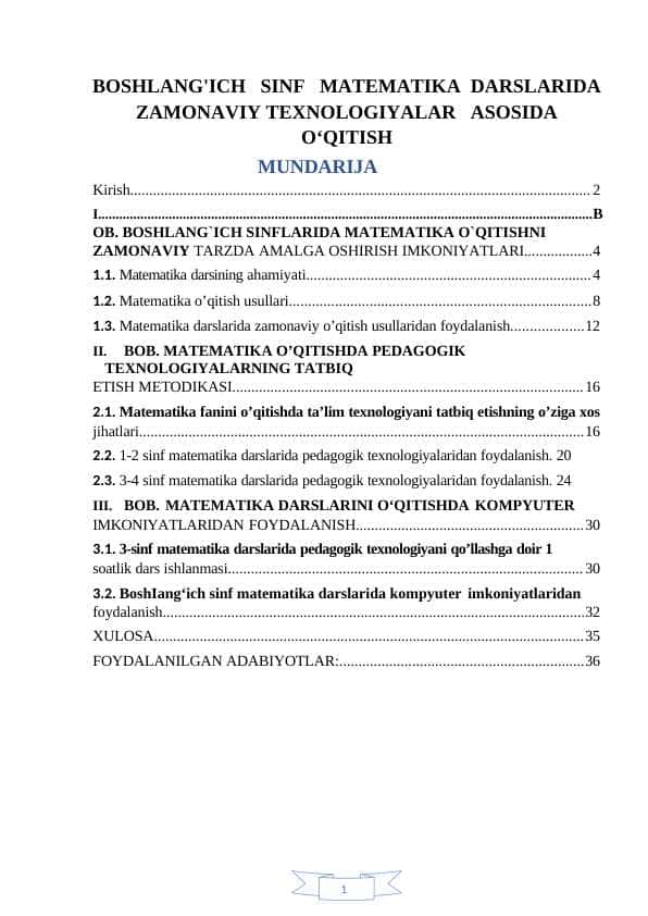 BOSHLANG'ICH SINF MATEMATIKA DARSLARIDA ZAMONAVIY TEXNOLOGIYALAR ASOSIDA