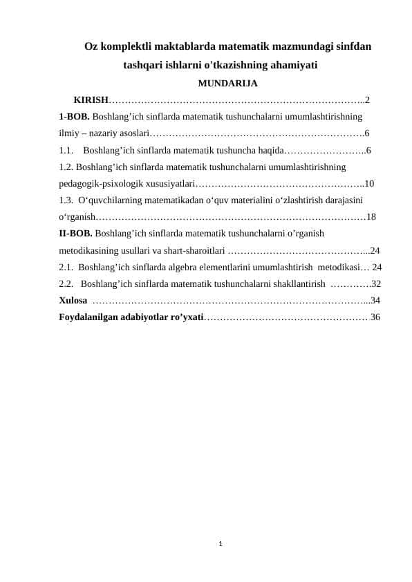 Oz komplektli maktablarda matematik mazmundagi sinfdan tashqari ishlarni o'tkazishning ahamiyati