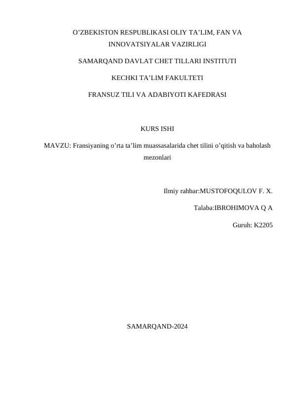 Fransiyaning o’rta ta’lim muassasalarida chet tilini o’qitish va baholash mezonlari