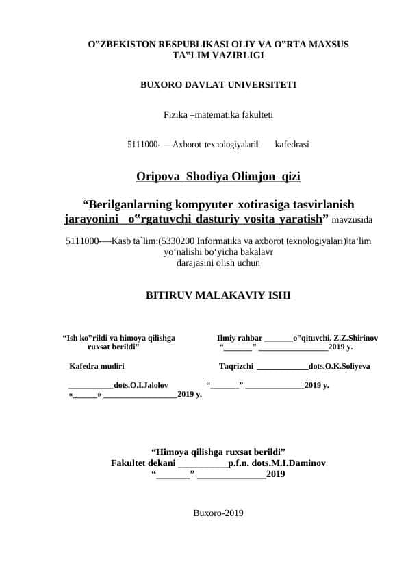 Berilganlarning kompyuter xotirasiga tasvirlanish jarayonini o‟rgatuvchi dasturiy vosita yaratish”