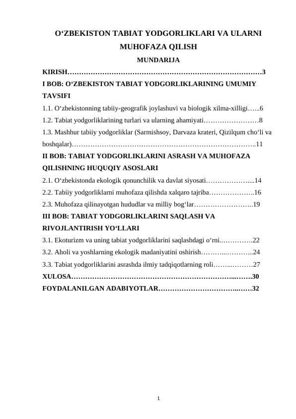 OʻZBEKISTON TABIAT YODGORLIKLARI VA ULARNI MUHOFAZA QILISH