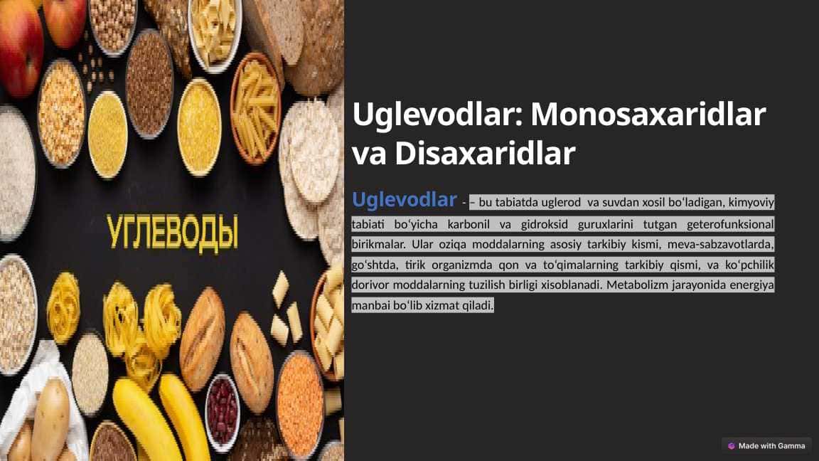Uglevodlar : Monosaxaridlar va Disaxaridlar