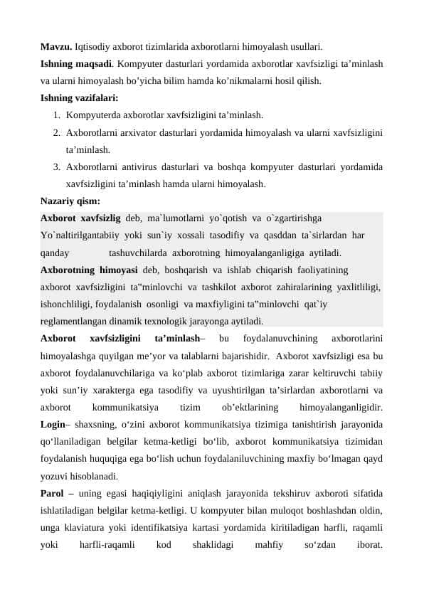 Iqtisodiy axborot tizimlarida axborotlarni himoyalash usullari.