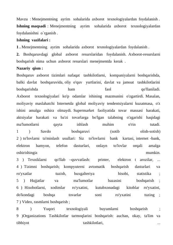 Menejmentning ayrim sohalarida axborot texnologiyalardan foydalanish