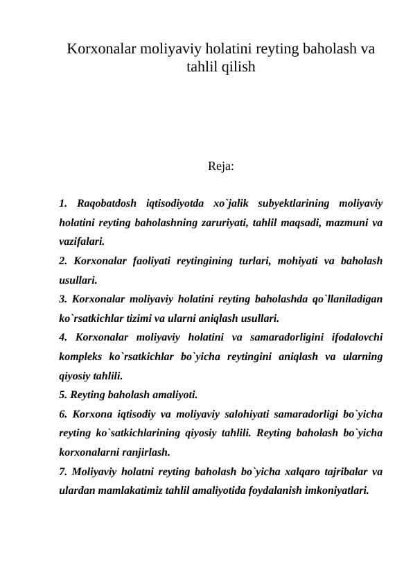 Korxonalar moliyaviy holatini reyting baholash va tahlil aqilish kurs ishi
