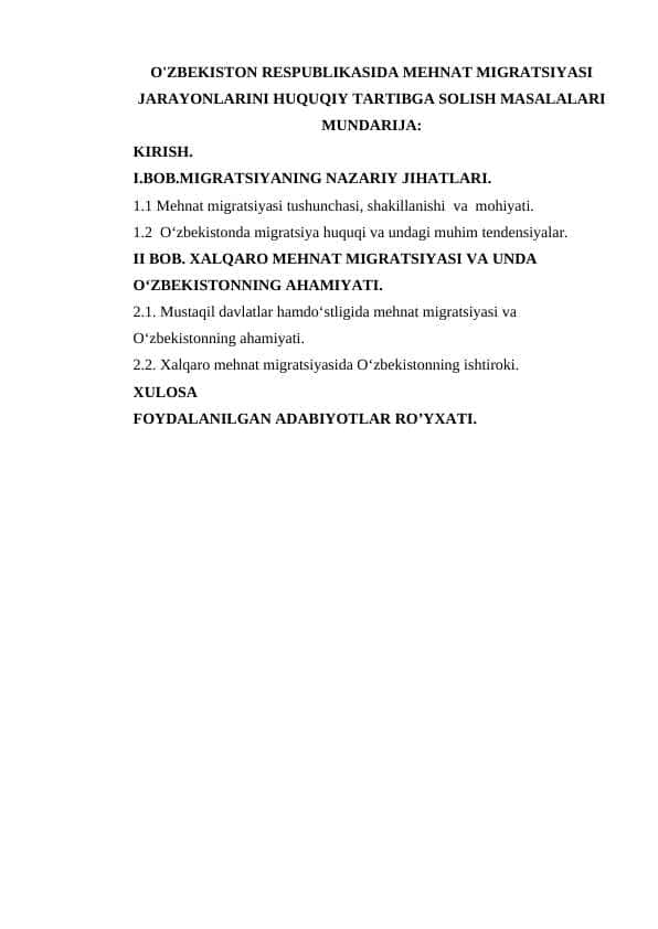 O’zbekiston Respublikasida mehnat migratsiyasi jarayonlarini huquqiy tartibga solish masalalari