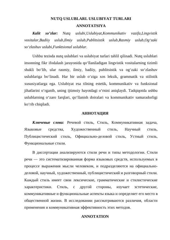 NUTQ USLUBLARI. USLUBIYAT TURLARI