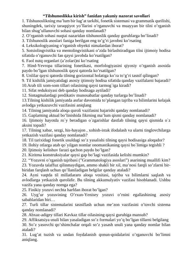 “Tilshunoslikka kirish” fanidan yakuniy nazorat savollari