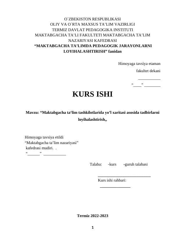 Maktabgacha ta‘lim tashkilotlarida yo’l xaritasi asosida tadbirlarni loyihalashtirish