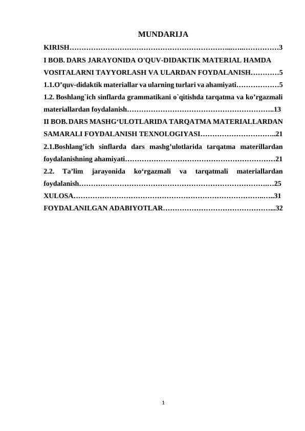 Boshlang’ich sinflarda dars mashg’ulotlarida tarqatma materillardan foydalanishning ahamiyati