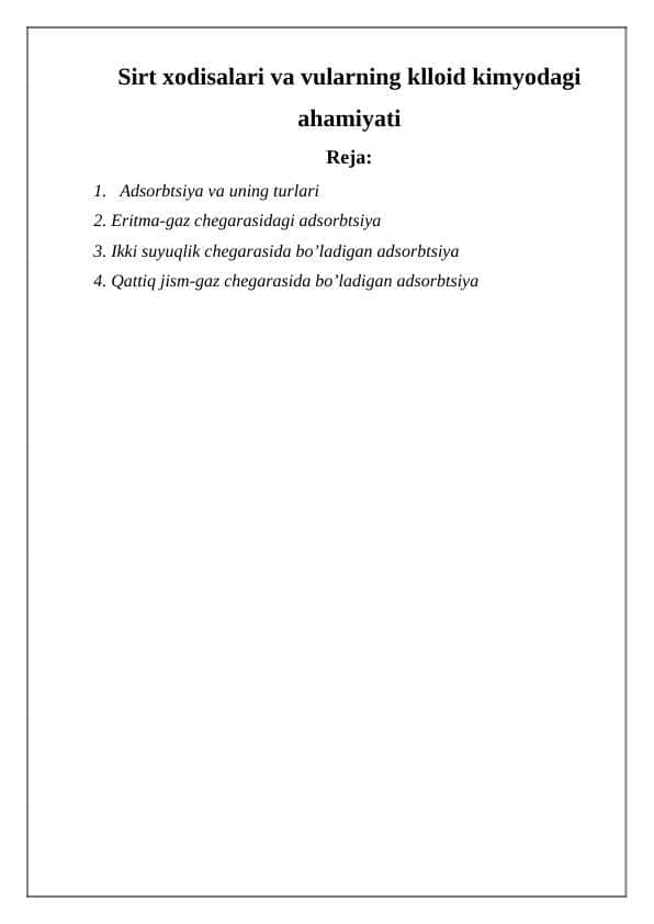 Sirt xodisalari va vularning klloid kimyodagi ahamiyati