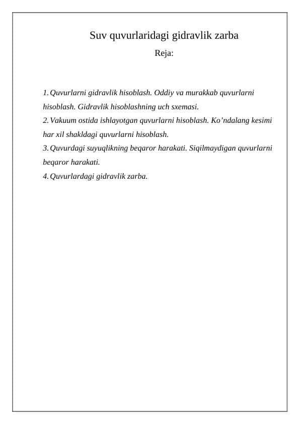suv quvurlaridagi gidravlik zarba