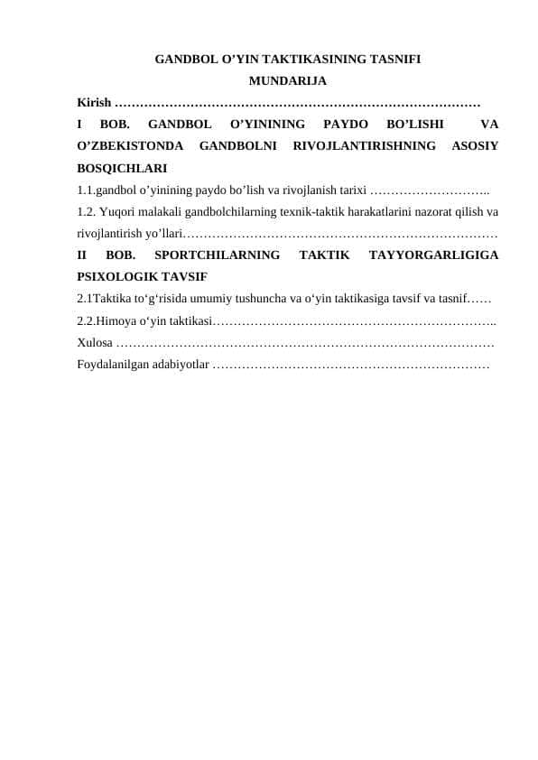 GANDBOL O’YIN TAKTIKASINING TASNIFI