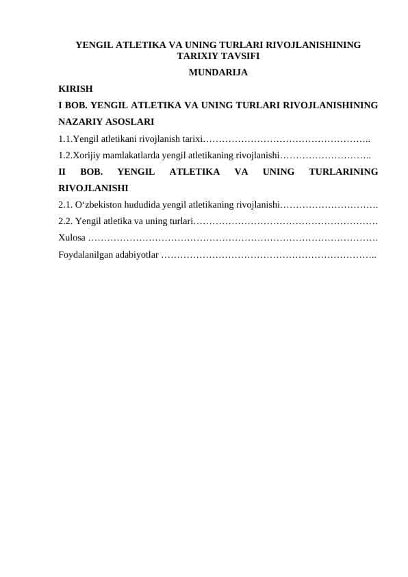 YENGIL ATLETIKA VA UNING TURLARI RIVOJLANISHINING TARIXIY TAVSIFI
