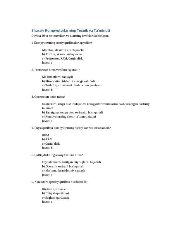 Shaxsiy Kompyuterlarning Texnik va Ta'minoti.. 30 TA TEST JAVOBLARI BILAN