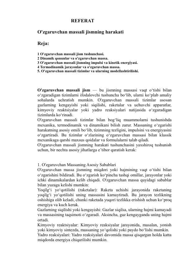 O'zgaruvchan massali jismning harakati Referat
