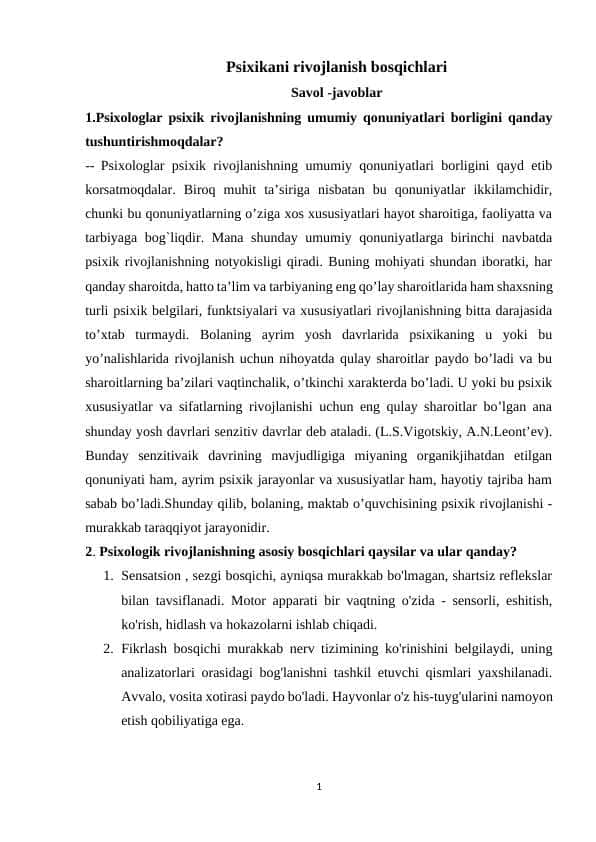 Psixikani rivojlanish bosqichlari