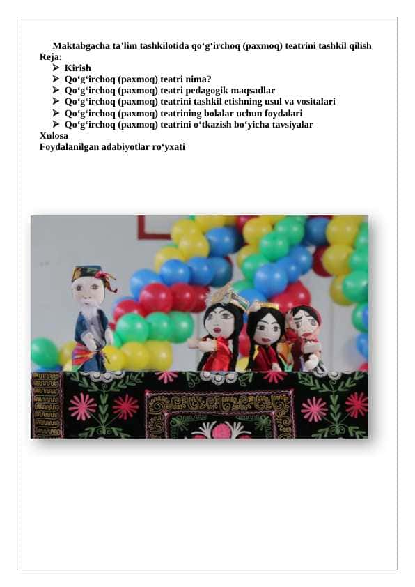 Maktabgacha ta’lim tashkilotida qo‘g‘irchoq (paxmoq) teatrini tashkil qilish